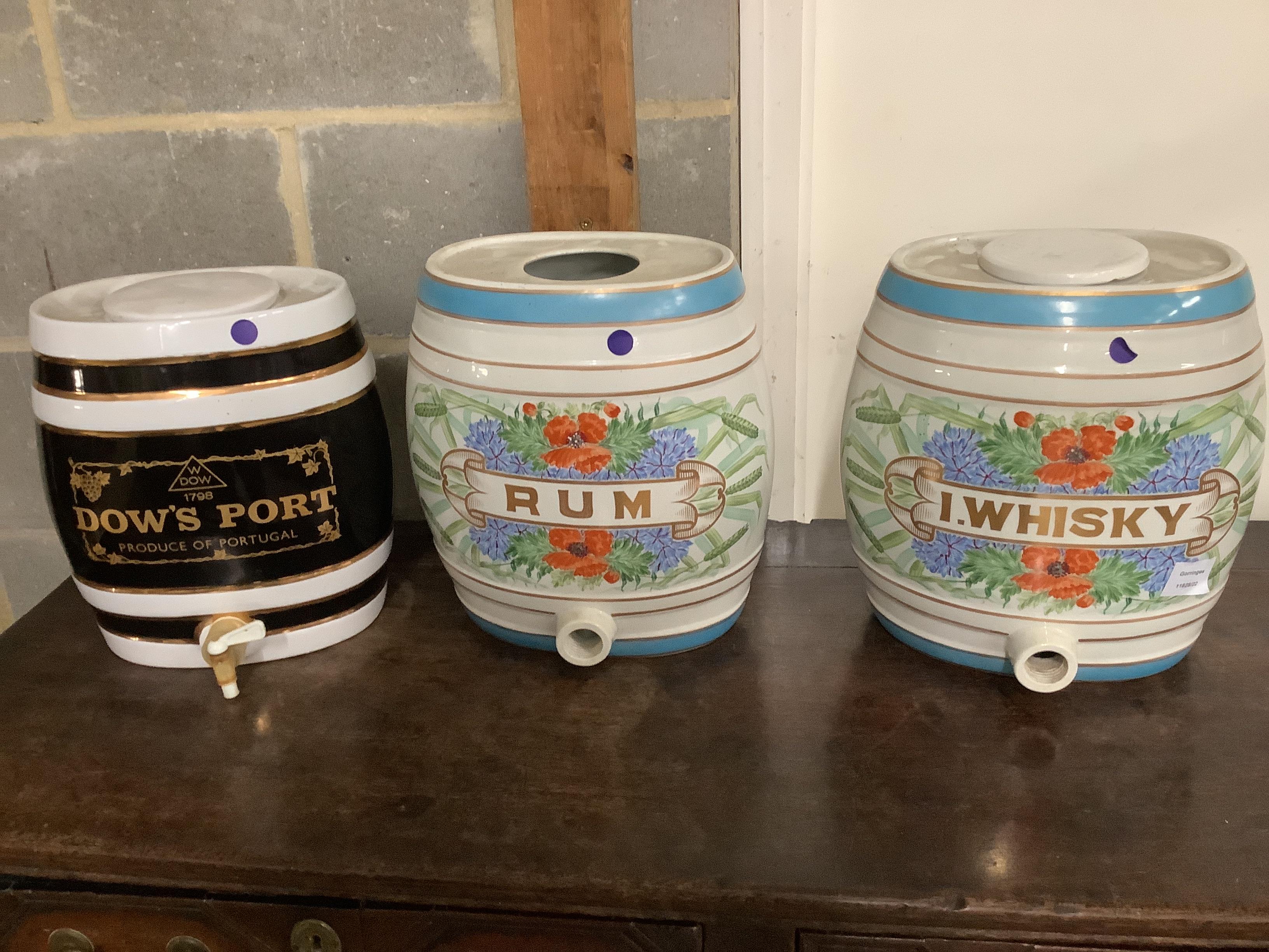 Two Staffordshire pottery spirits casks, Rum, Whisky and a Dow's Port cask, larger height 33cm